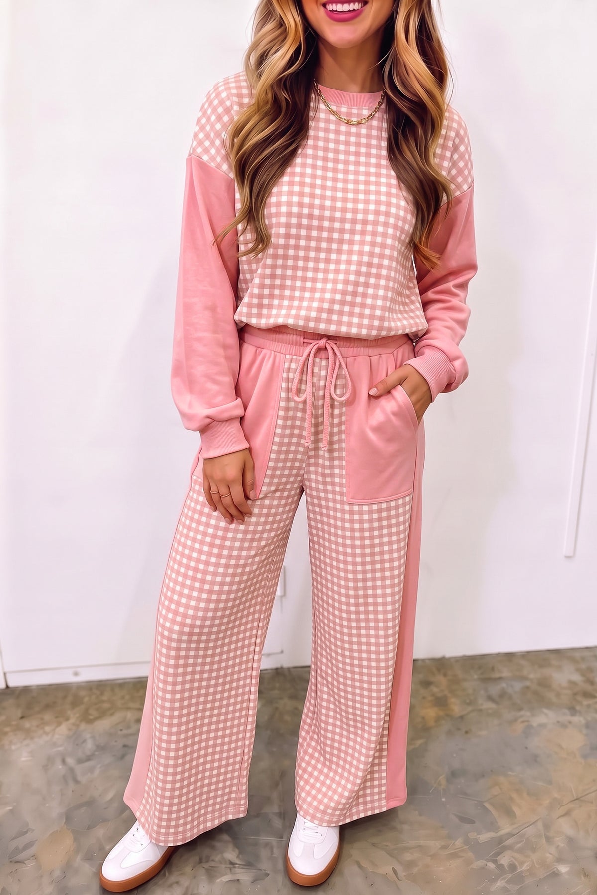 Brown Color Block Plaid Patchwork Long Sleeve Pullover Wide Leg Pant Set